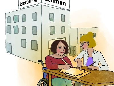 Frau im Rollstuhl unterschreibt Formulare im Beratungszentrum