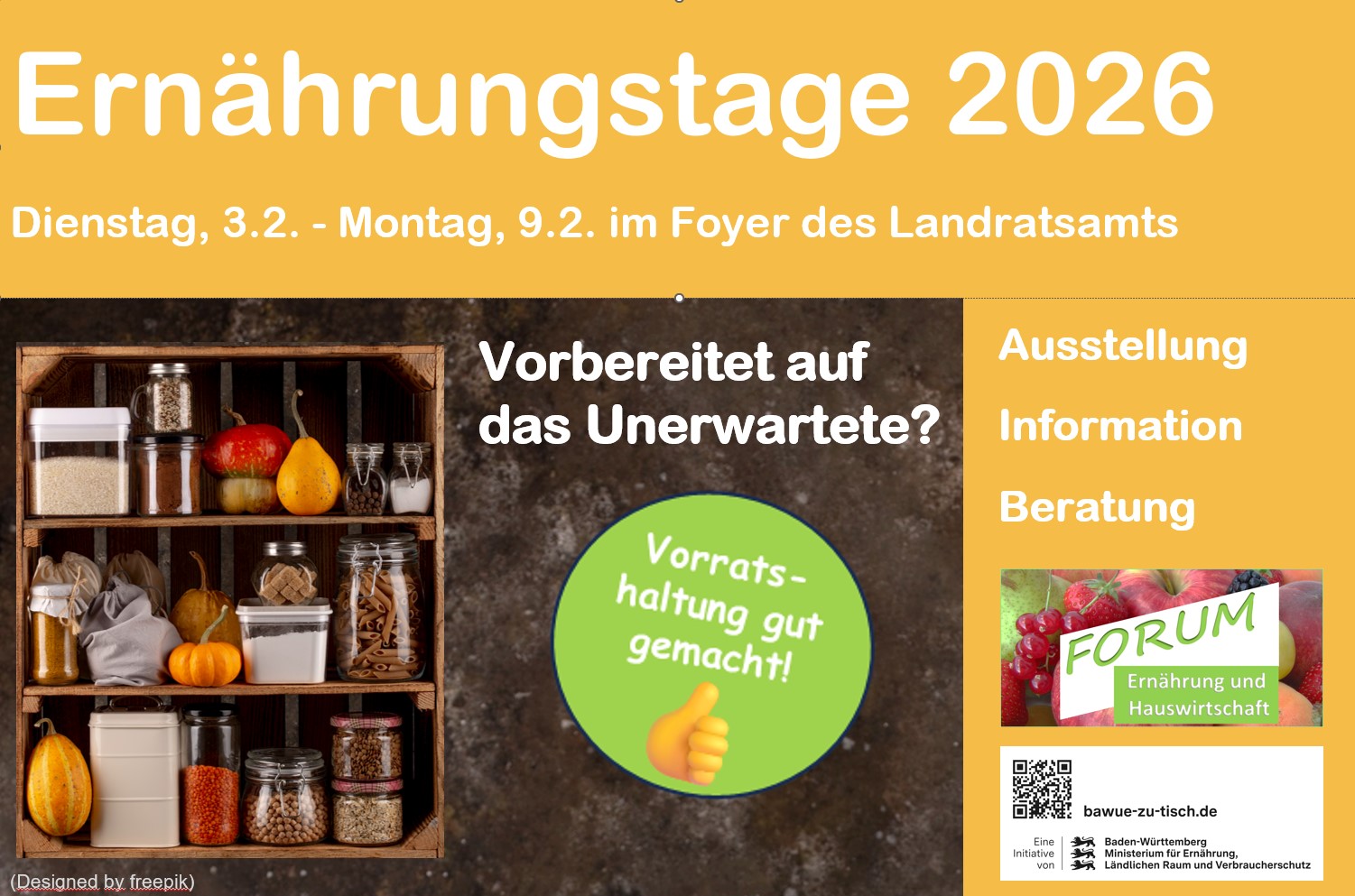 Orangenes Teaserbild mit Vorräten Teaserbild Ernährungstage 2026