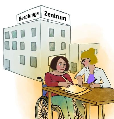 Frau im Rollstuhl unterschreibt Formulare im Beratungszentrum