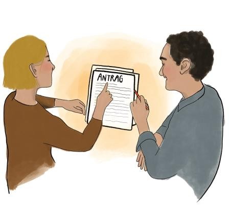 Person unterstützt bei einem Antrag