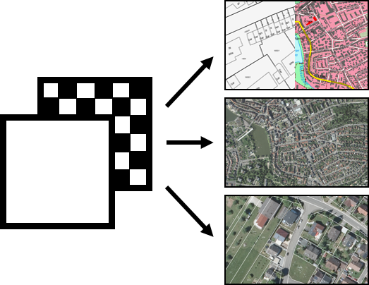 Eine Grafik, die das Layersystem von GIS illustriert, mit den drei verschiedenen Grundkartenoptionen, die das GIS bietet. 